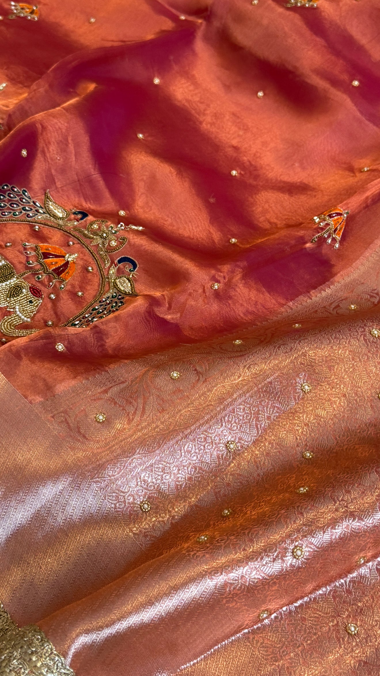 Hathi , ghoda aur palki wali saree - Husn tissue silk hand embroidered saree